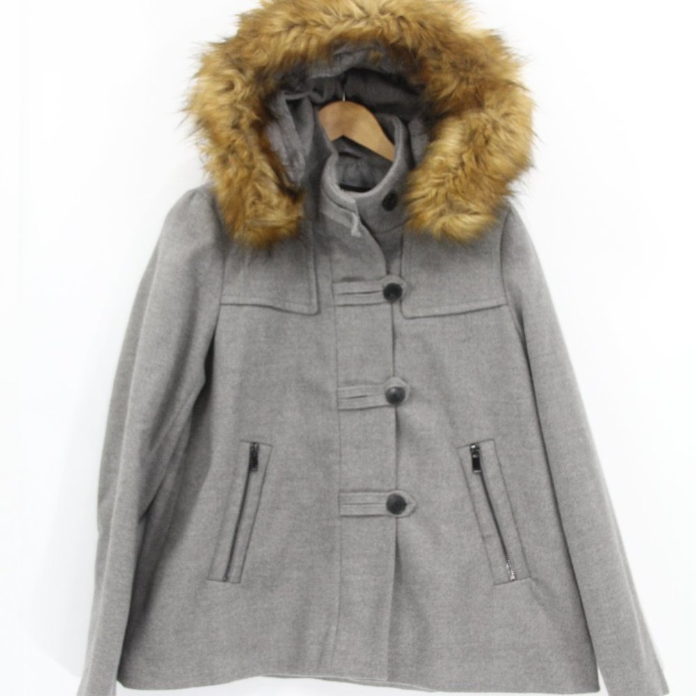 Zara Winter Jacket NEW Women Coat Medium Faux Fur Hood Zipper gray